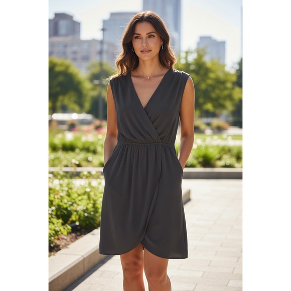 Soprano Grey Dolman Sleeve Faux Wrap Midi Dress Pockets Elastic Waist - Picture 7 of 7